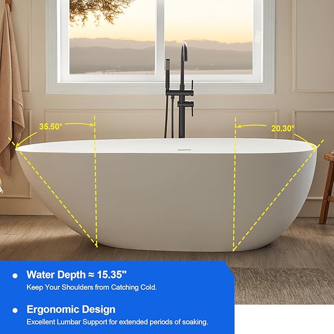 Cpingao 67" Stone Resin Freestanding Bathtub, Egg Shell Solid Surface Soaking Stand Alone Tubs with Pop-up Drain and Overflow, Matte White 8848-1700