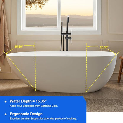 Cpingao 71" Solid Surface Freestanding Bathtub, Egg Shell Stone Resin Freestanding Soaking Tubs with Pop-up Drain and Overflow, Matte White 8848-1800