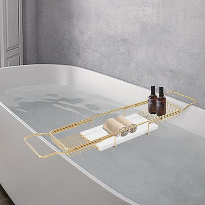 Bath Tub Tray Expandable Bathtub Tray 26.77-35.43 in, Bathtub Trays with Marble Board Bath Trays for Tub Luxury Bathtubs & Bathroom Accessories for Relaxing Spa,Suitable for Bathtubs Gold