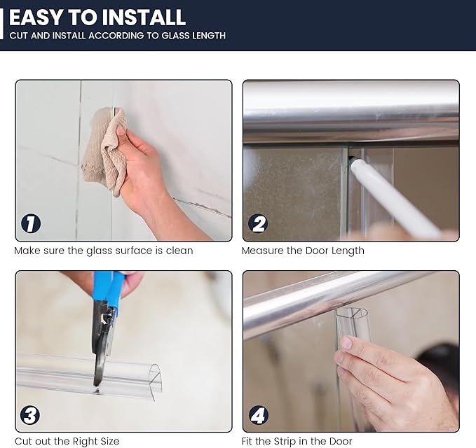 Shower Glass Door Side Seal, 2PCS 78 Inch Ultra Clear U-Shape PVC Seal Strip, for 1/4"(6mm) Thick Frameless Glass Door, to Stop Water Leakage