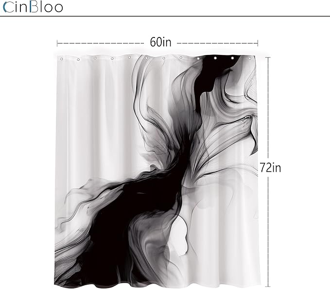 Cinbloo Black and White Shower Curtain 60Wx72H Abstract Bathroom Decor for Men Modern Ombre Grey Minimalist Marble Shower Curtain Set Elegant Ink Texture Neutral Shower Curtain Fabric with 12 Hooks