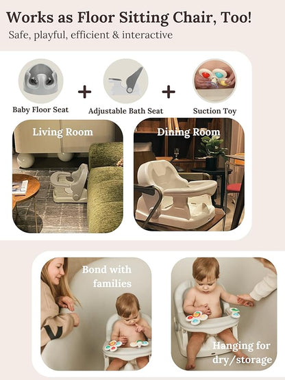 Cuddobaby Baby Bath Seat 3-in-1 【360° Protection Against Side Tipping, 3-Level Adjustable】 ASTM Approved Safety, Detachable Arm, Sitting Up or Lying, Strong Suction, Fit for Flat Surfaces - Gray