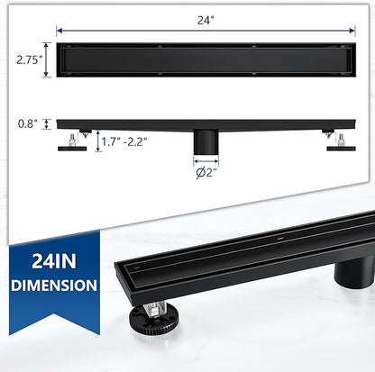 Neodrain 24-Inch Linear Shower Drain with Tile Insert Grate, Matte Black 304 Stainless Steel Rectangle Shower Floor Drain, Linear Drain with Leveling Feet, Hair Strainer
