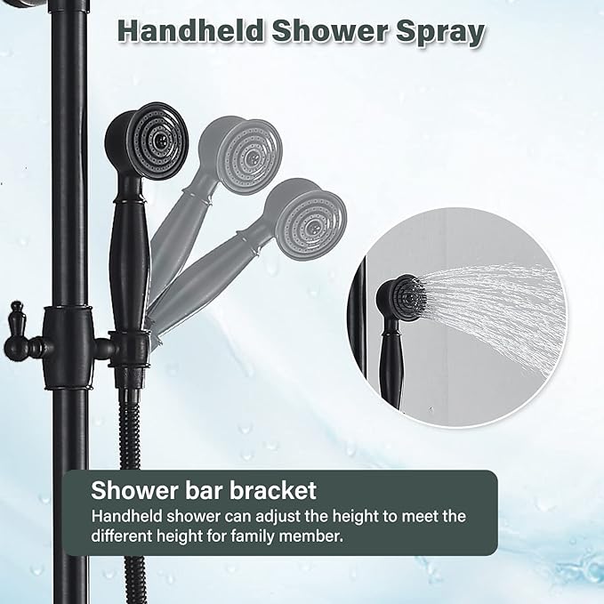 NeierThodore Luxury ORB Bathroom Shower Faucet Dual Handles Wall-Mounted Shower Mixer Taps 8" Rainfall Shower Head Ceramic Handheld Sprayer Oil Rubbed Bronze