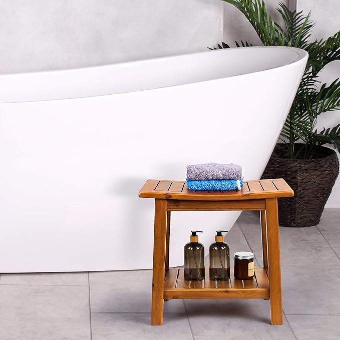 Teak Shower Bench, 20" Solid Wood Shower Stool Waterproof Shower Seat with Storage Shelf for Bathroom, Indoor & Outdoor Use