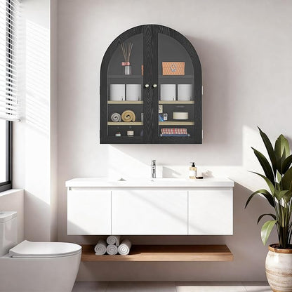 HOACT Arch Bathroom Wall Cabinet with Glass Door, 23.6" Above Toilet Storage Cabinet with Adjustable Shelves, Natural Medicine Cabinet for Kitchen, Laundry Room, Bedroom, Black