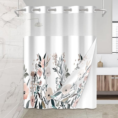 No Hook Shower Curtain Set with Snap in Fabric Liner for Bathroom,with See Through Top Window,Double Shower Curtain with Detachable Liner Replacement,Machine Washable,Chinese Rose,71"x 74"