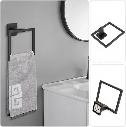 NearMoon 5 Pieces Bathroom Hardware Set 304 Stainless Steel - Square Towel Rack Set Include 16" Towel Rod + Towel Ring + Toilet Paper Holder + 2 Robe Towel Hooks Bathroom Accessories (Matte Black)