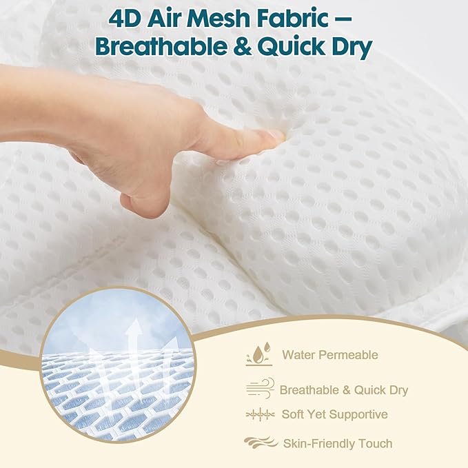 Bath Pillows for Tub with Gift Box & Laundry Bag – 4D Air Mesh Bathtub Pillow with Extended Wings, Shoulder Coverage, Spine-Line Support & 6 Non-Slip Suction Cups – Relaxing Gift for Women & Mom