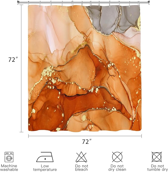 Orange Marble Shower Curtain, Burnt Orange Modern Abstract Fabric Shower Curtains for Bathroom, Luxury Art Ink Texture Watercolor Shower Curtain Set with Hooks 72x72