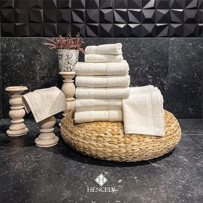 Hencely 18-Piece Bath Towel Set - High Absorbency, Quick Drying - 100% Soft Turkish Cotton - 6 Bath Towels, 6 Hand Towels, 6 Washcloths - for Bathroom, Home, Hotel, Spa, and Gym - 18-Pack Ivory