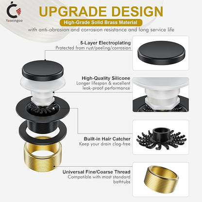 Matte Black Bathtub Drain Stopper and Overflow Kit, Solid Brass Tip-Toe Bath Tub Drain with Hair Catcher - Universal Coarse/Fine Thread, Bathroom Bathtub Plug Replacement, 11.5/16 UNC