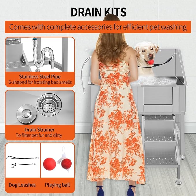38 Inch Professional Dog Wash Station, Stainless Steel Dog Grooming Tub for Large, Medium & Small Pets - with Anti-Slip Stairs, Drain & Door, Silver