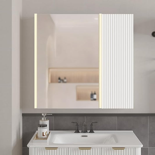 Lighted Bathroom Medicine Cabinet with Mirror，30 x 28 Inch Wall-Mounted Bathroom Wall Cabinet with Storage, LED Lights, Adjustable Shelves,White