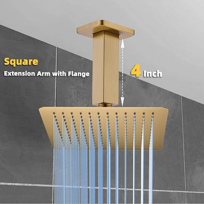4 Inch Shower Arm with Flange, Ceiling Mounted Square Shower Head Extension Arm, 1/2 NPT Straight Arm for Rain Shower Head, Stainless Steel Shower Head Extension Replacement Pipe Arm, Brusheed Gold