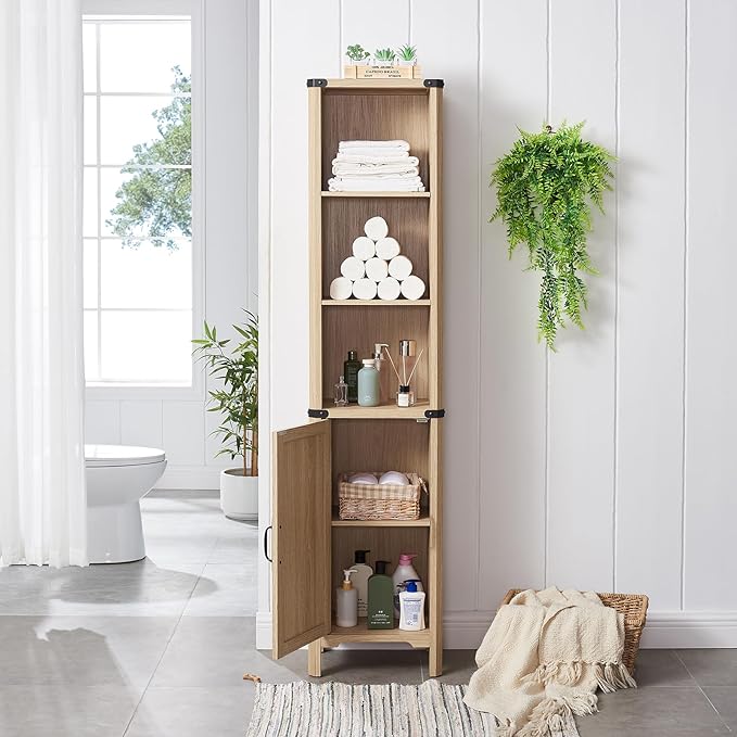 Bathroom Storage Cabinet, 5-Shelf Farmhouse Storage Cabinet with Barn Door&Adjustable Shelves, Bathroom Organizer for Living Room, Kitchen (Natural Oak)
