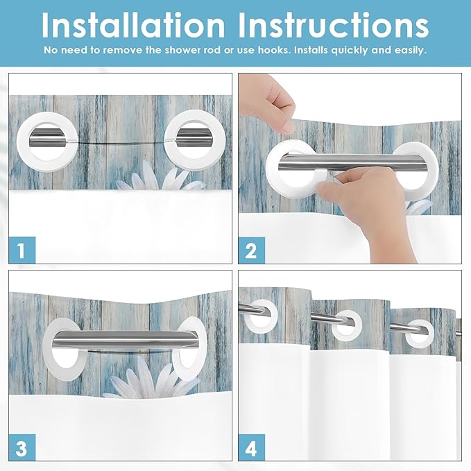 No Hook Blue Daisy Shower Curtain with Snap in Fabric Liner Set, Wooden Boards Double Layers Waterproof Fabric with See Through Top Window Open Grommet Bath Curtain 71x74 Inch