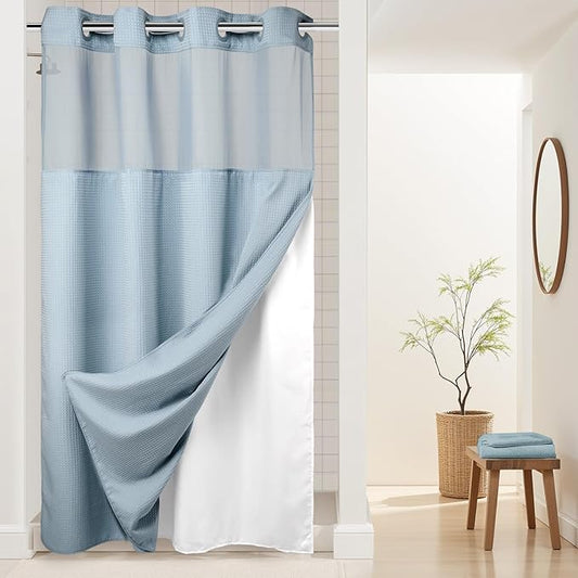 River Dream Heavyweight No Hooks Required Dotted Waffle Weave Shower Curtain with Snap in Liner -Stall 54W x 80H,Hotel Grade,Spa Like Bath Curtain,Blue