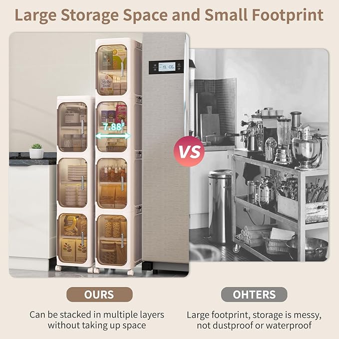 KHNR 3-Tiers Slim Bathroom Storage Cabinet, Foldable Storage Cabinets,Narrow Bathroom Storage,Movable Bathroom Storage Organizer for Small Spaces,Bathroom,Kitchen,Laundry,Cream White