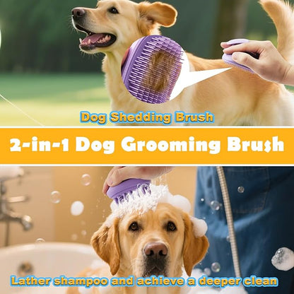 2-in-1 Dog Bath Brush for Grooming & Massage - Pet Silicone Brush for Long & Short Haired Dogs and Cats, Dog Scrubber for Bath, Rubber Curry Brush, Use Wet as Bath Brush or Dry for Grooming-Purple