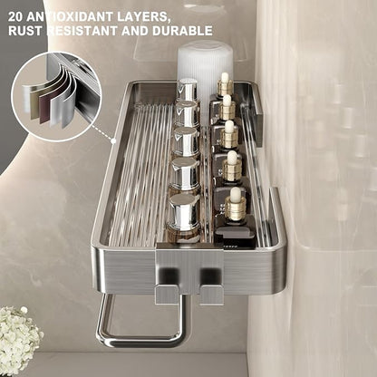 VOLPONE Stainless Steel Wall Mounted Bathroom Shelves - 2-Tier Floating Shelf with Removable Hooks (Brushed Nickel)