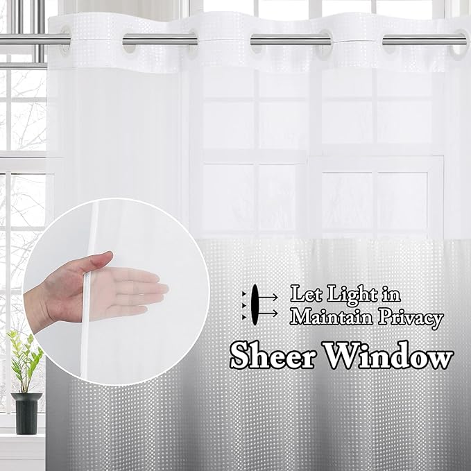 Gibelle No Hook Waffle Weave Shower Curtain with Snap-in Fabric Liner Set for Bathroom, Hotel Style with Mesh Top Window, Waterproof & Washable, Ombre Black, 72x74