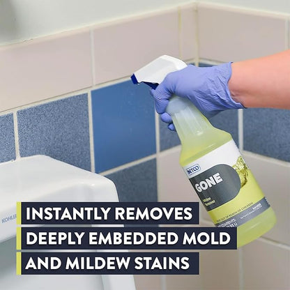 GONE Instant Mold & Mildew Remover - 12.5% Bleach Industrial-Strength Cleaner, Stain Removal on Shower, Siding, Bathroom Tile, Grout, Trim, Boats, and Outdoor Furniture, 1-Quart Spray Bottle