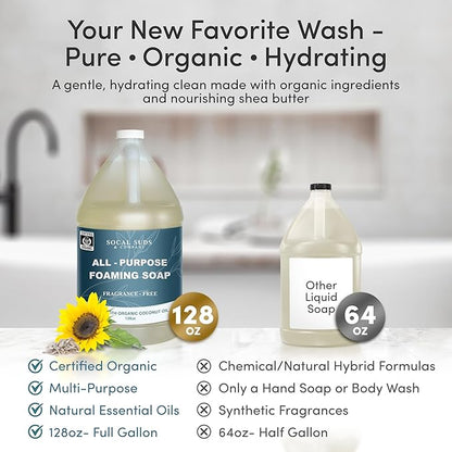 SoCal Suds & Company 128oz Certified Organic Foaming Hand & Body Wash - Gentle Natural Body,Baby & Face Wash for Sensitive Skin, Moisturizing All-Purpose Foaming Soap & More - Fragrance Free