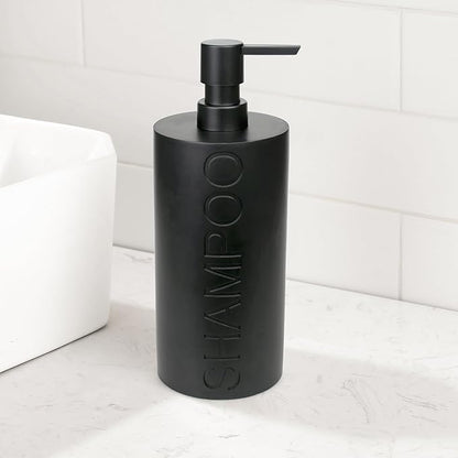 Matte Black Shampoo Dispenser Modern Refillable Pump Bottle with Embossed Text, Durable Resin Construction for Bathroom and Kitchen
