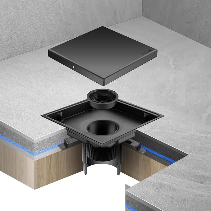 Hidden Brushed Square Shower Floor Drain, Black 6 inch, 304 Stainless Steel, with Flange, Detachable Cover Embedded in Ceramic Tiles