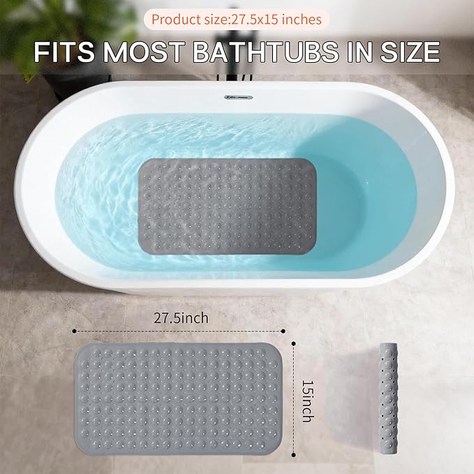Anti-Slip Bathtub Shower mat, 27.5×14.5（Approximately 70×37cm） inch Soft Oversized Machine Washable Non-Slip Bathtub mat with Drainage Holes, Bathroom Floor Suction Cup.（1-Opaque Gray）
