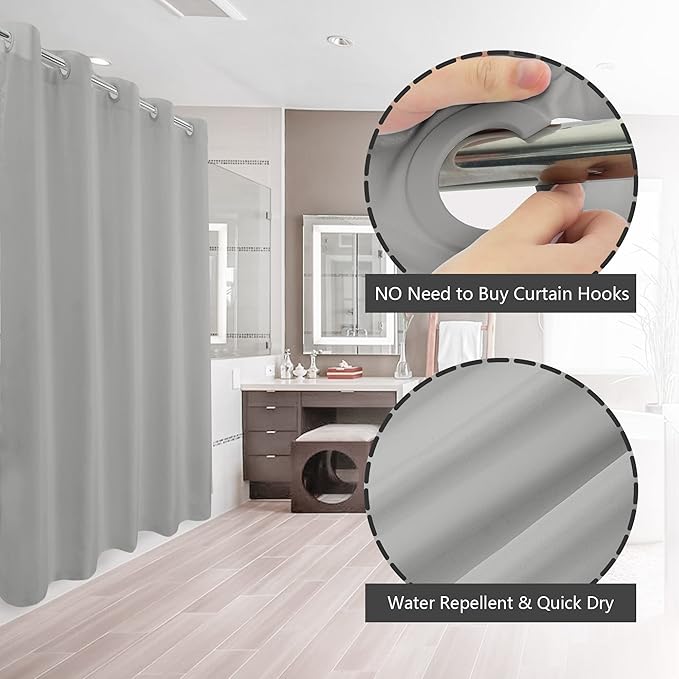 River Dream No Hook Hotel Cloth Grey Shower Curtain Soft Microfiber & Waterproof - Fabric Shower Curtain or Liner, Washable & Bottom Magnets, Gray, 71x74