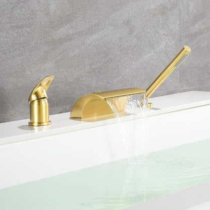 sumerain 3 Hole Roman Tub Faucet with Hand Shower, High Flow Single Handle Waterfall Bathtub Filler Brushed Gold Finish