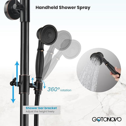 gotonovo Bathroom Classic Exposed Shower Faucet Wall Mount Shower System 8 Inch Luxurious Rainfall Shower Head Set with Tub Spout and Handheld Spray Double Cross Handles Oil Rubbed Bronze