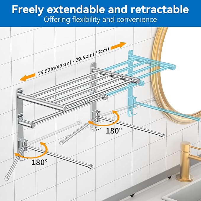 Retractable Towel Rack for Bathroom Stainless Steel Extendable Towel Shelf with 180° Swing Arms Wall-Mounted Towel bar with for Laundry Room (180 Rotating Towel bar)