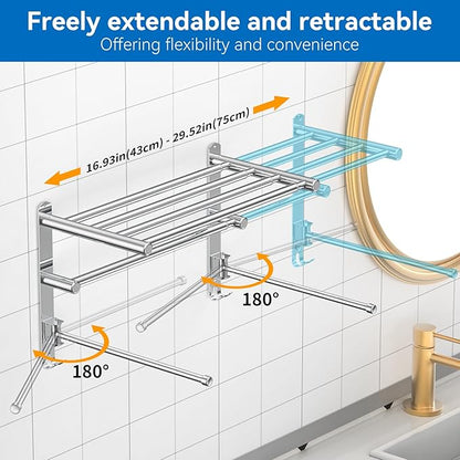 Retractable Towel Rack for Bathroom Stainless Steel Extendable Towel Shelf with 180° Swing Arms Wall-Mounted Towel bar with for Laundry Room (180 Rotating Towel bar)