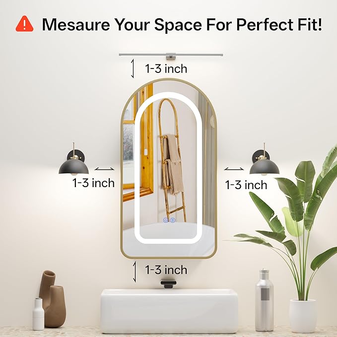 LED Arched Bathroom Medicine Cabinet with Mirror, No Assembly Needed, Recessed or Surface Mount Wall Storage Cabinet, Mirror Cabinet with Tissue Slot (Gold-LED, 29.5" L x 15.7" W)