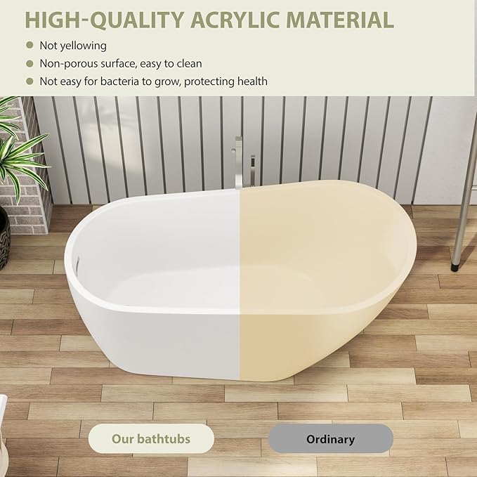 Mocoloo Freestanding Bathtub - 59 Inch Acrylic Stand Alone Soaking Bath Tub for Bathroom with a Right Overflow and Drain