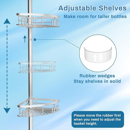 Rustproof Shower Corner Caddy Shelf for Bathroom Tension Pole Organizer with 4 Baskets for Bathtub Shampoo Storage from 23.6 to 114.5 Inch with Towel Bar (Silver)