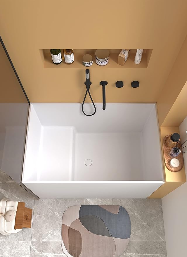 Cpingao 47" Stone Resin Freestanding Bathtub, Solid Surface Japanese Soaking Tubs Modern Rectangular Stand Alone Tub, Matte White 8842-1200