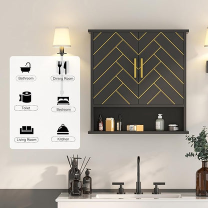 Black Chevron Pattern Bathroom Wall Cabinet, Modern Hanging Medicine Cabinet with Gold Hardware, Space-Saving Over Toilet Storage Organizer (23 5/8" x 22 7/8" x 15 3/4")