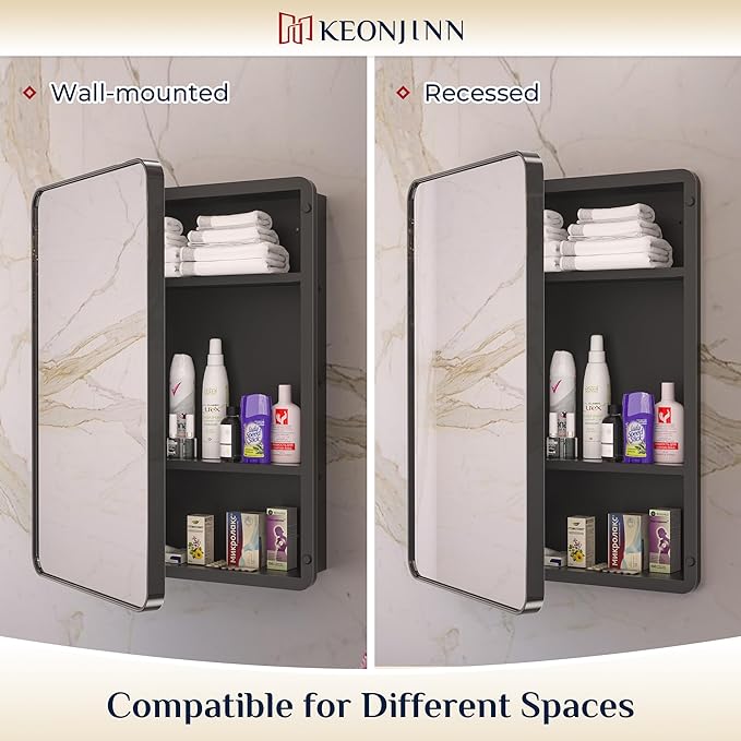 Keonjinn 20 x 26 Inch Black Recessed Medicine Cabinets, Bathroom Mirrored Medicine Cabinet, Gloss Black Stainless Steel Framed, Adjustable Shelves, in Wall or Surface Mount, Sturdy & Heavy, Farmhouse