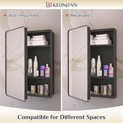Keonjinn 20 x 26 Inch Black Recessed Medicine Cabinets, Bathroom Mirrored Medicine Cabinet, Gloss Black Stainless Steel Framed, Adjustable Shelves, in Wall or Surface Mount, Sturdy & Heavy, Farmhouse