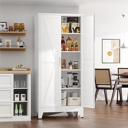 Metal Cabinets with Barn Doors and Adjustable Shelves,71" Tall Storage Cabinet,5-Tier Storage Cupboard for Kitchen,Dining Room,Garage,Bathroom,White