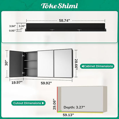 TokeShimi 60x30 Recessed Medicine Cabinet with Mirror, Black Medicine Cabinet Mirrored Aluminum Alloy, Wall Mounted Metal Beveled Mirror with Storage for Bathroom Vanity