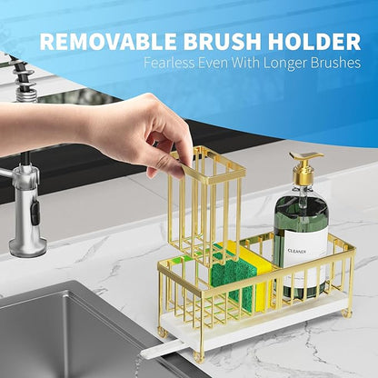 Cisily Gold Sponge Holder for Kitchen Sink, Sink Caddy Organizer with High Brush Holder, Kitchen Countertop Organizers and Storage Essentials, Rustproof 304 Stainless Steel, Soap Dispenser Organize
