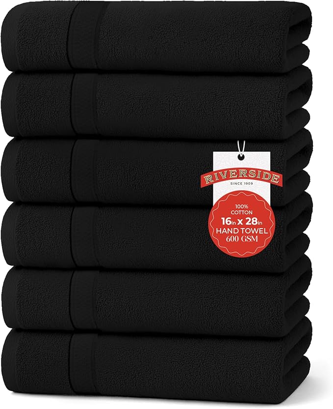 RIVERSIDE 6 Pack Premium Hand Towels Set, 16x28 inches, 100% Ring Spun Cotton, 600 GSM, Soft, Quick Dry and Highly Absorbent, Towels for Bathroom, Kitchen, Gym, Spa - Black