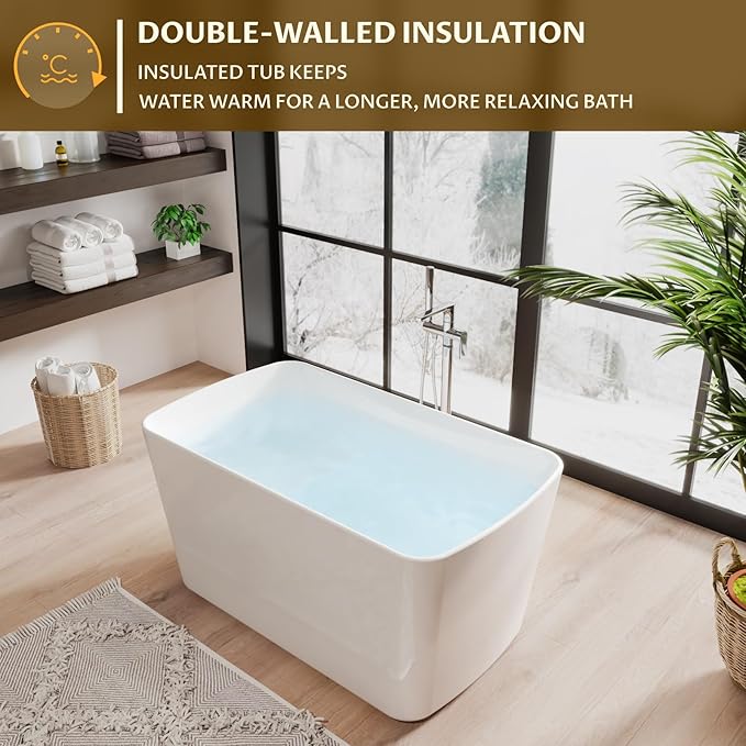 49" Acrylic Freestanding Bathtub, Modern Deep Soaking Tub, cUPC Certified Free Standing Tub, Chrome Drain/Overflow, White Acrylic, Square White