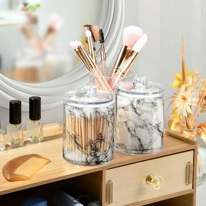 MNSRUU 2 Pack Qtip Holder Organizer Dispenser Stylish White Marble Texture Bathroom Storage Canister Cotton Ball Holder Bathroom Containers for Cotton Swabs/Pads/Floss
