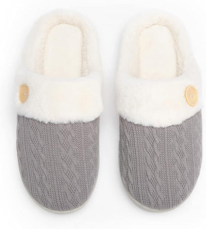 Chantomoo Womens Slipper Warm Comfy Memory Foam House Slippers Knitted Shoes Faux Fur Lined Anti-Skid Rubber Sole Bedroom Cozy Indoor Outdoor Slippers